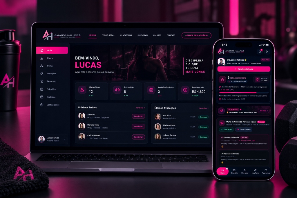 Mockup do aplicativo Amanda Hallwas para Personal Trainer e Aluno